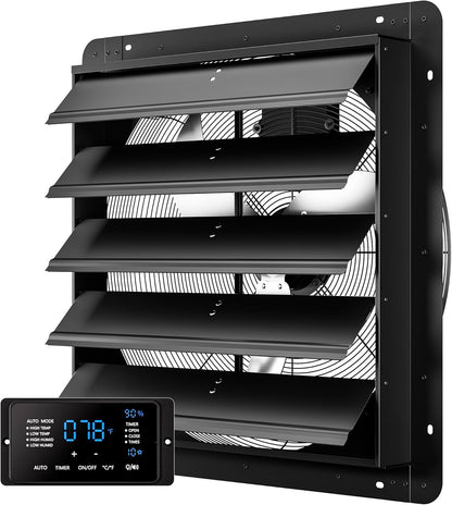 24 Inch EC Motor Shutter Exhaust Fan, 6 Inch Large Touchscreen Controller for Temp Humidity and Speed Control, 10-Speed Wall Mount Fan for Attic, Greenhouse, Garage, Chicken Coop Ventilation