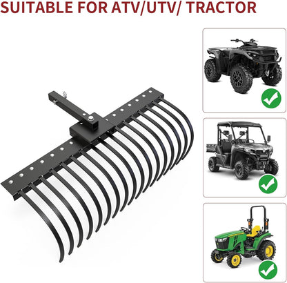 YITAMOTOR 48" Tow Behind Landscape Rake, 2" Receiver Lown Dethatcher Rack with 17 Steel Tines for ATV/UTV & 3-Point Hitch Systems Tractor, for Leaves, Debris, Grass, Pine Needles