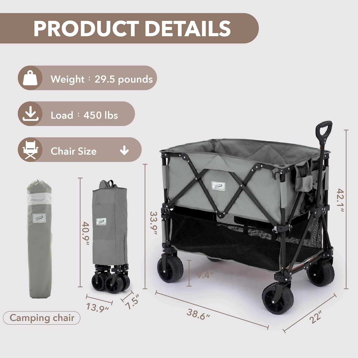 400L Collapsible Folding Double Decker Beach Wagon |Heavy Duty Utility Cart Extender|Supports 450lbs|All-Terrain Big Wheels with Breaks for Sports Camping (Grey/Grey)