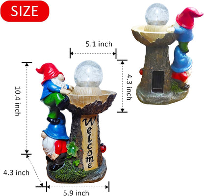 Garden Gnome Statues, Garden Statues for Outside with Solar LED Lights,10.4 in Funny Double Gnomes Sculptures Outdoor Decorations for Yard, Ideal Gnomes Gifts for Women/Grandma/Mom