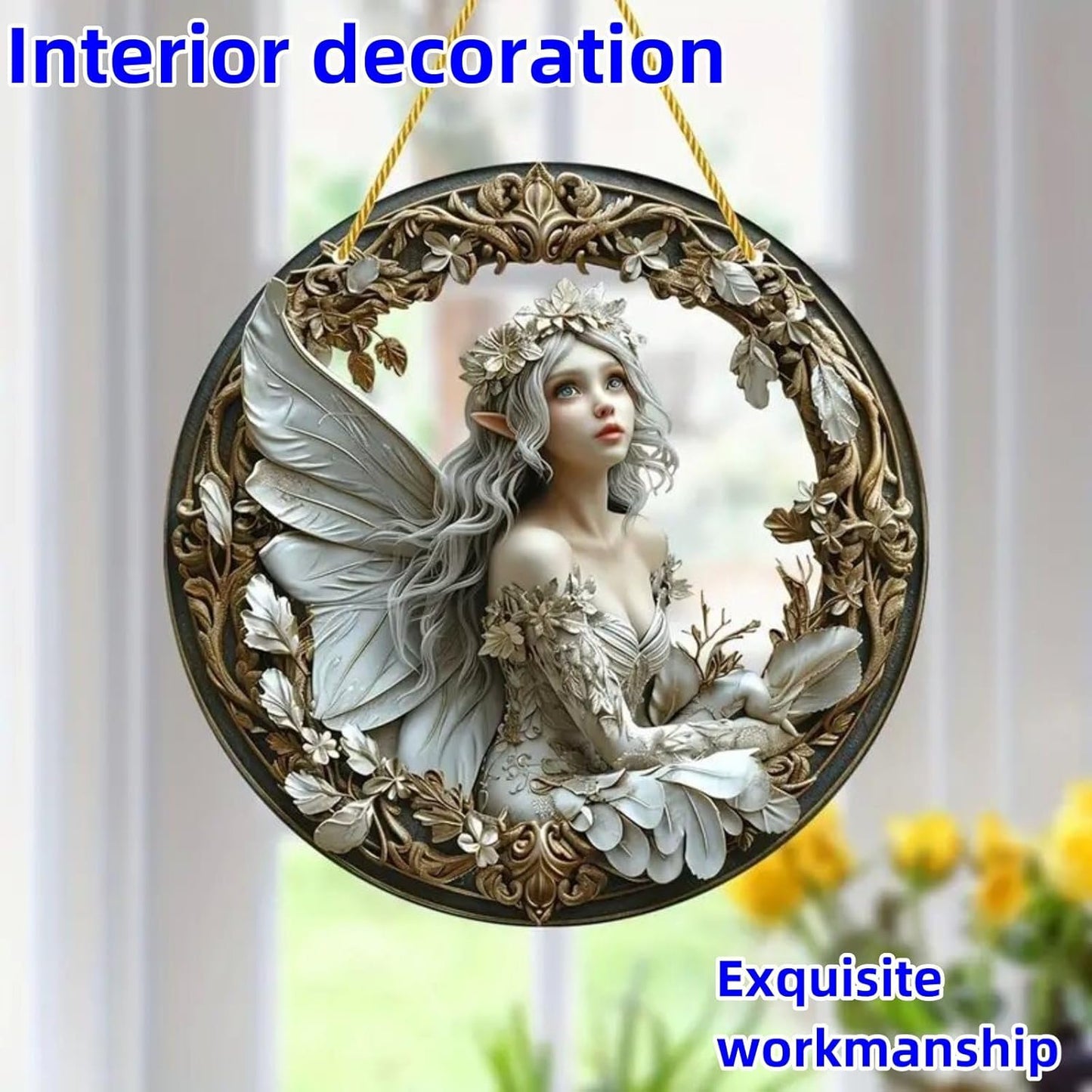 Flower Fairy Garden Decorations Angel Wing Christmas Halloween Deco Statue Art Elf Sculpture Hanging Craft for Outdoor Yard Courtyard Lawn Patio Window Acrylic Ornament Home Gift (D,S: 6*6 IN)