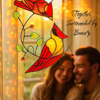 Duo Cardinal Bird Stained Glass Suncatchers for Windows Hanging, Decorative Glass Birds Ornament Window Suncatcher, Unique Bird Lover Gift for Mom, Grandma, Women, or Home Décor