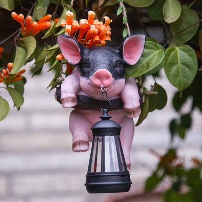 Hanging Pig Garden Lantern, Solar Light Holder, Outdoor Decorative Animal Statue with Rope