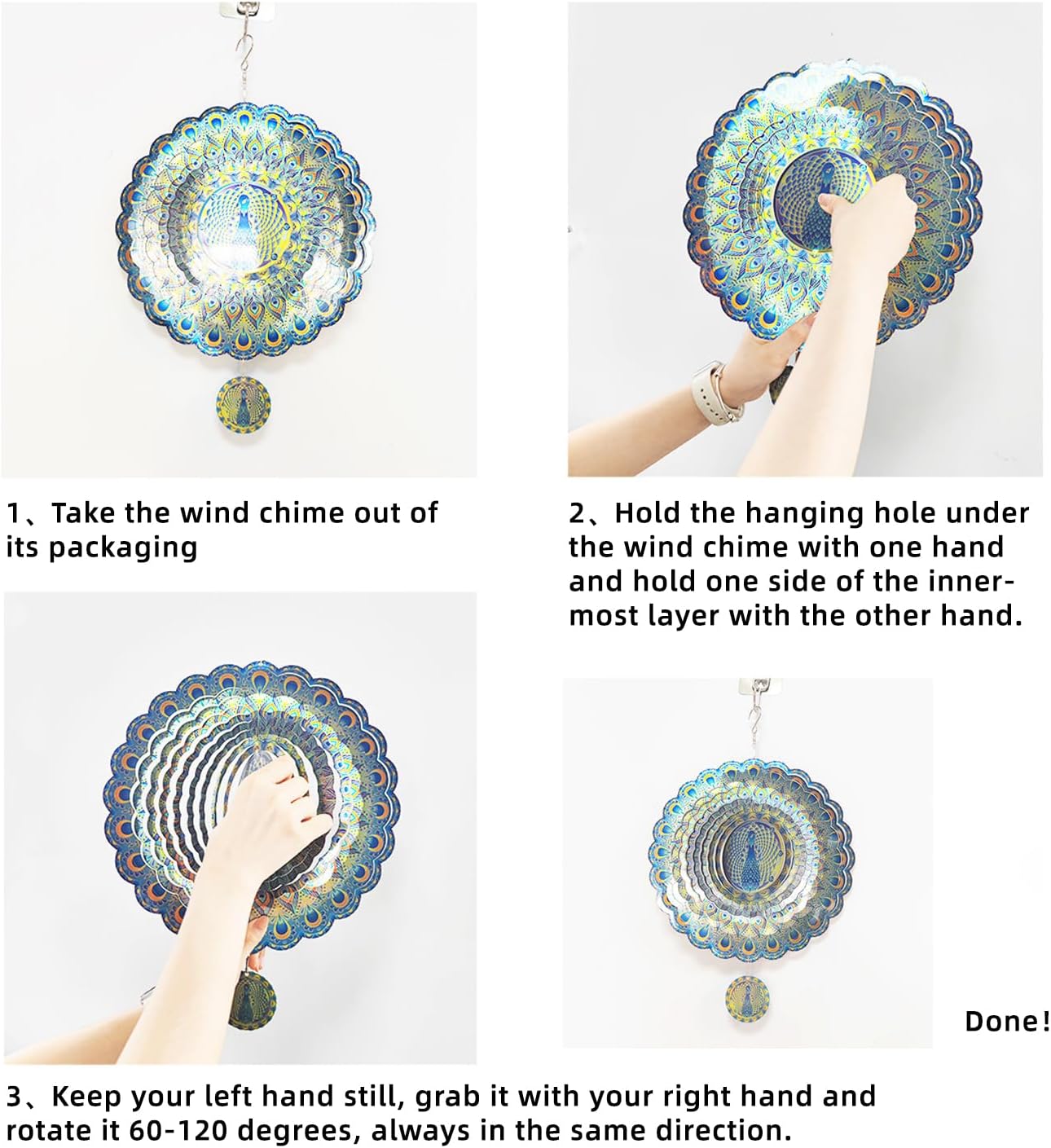 Peacock Wind Spinner Outdoor 3D Stainless Steel Garden Hanging Decorations Outdoor, 12 inch Metal Wind Spinners Clearance, Wind Kinetic Sculpture Yard Art Decor Gift for Women Men