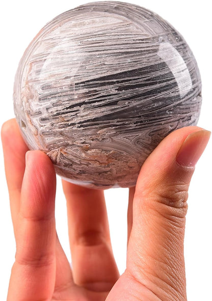 JIC Gem Natural Mexican White Agate Crystal Sphere Crystal Decorative Ball with Wooden Stand Meditation Balls for Witchcraft Reiki Gift 50-60mm