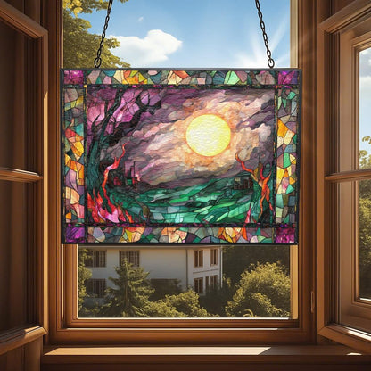 Personalized Rectangle Haunted Night Stained Glass Window Hangings, Handcrafted Stained Glass Suncatchers, Gift for Cat Lovers Nature Lovers 15"x11" Mothers Day