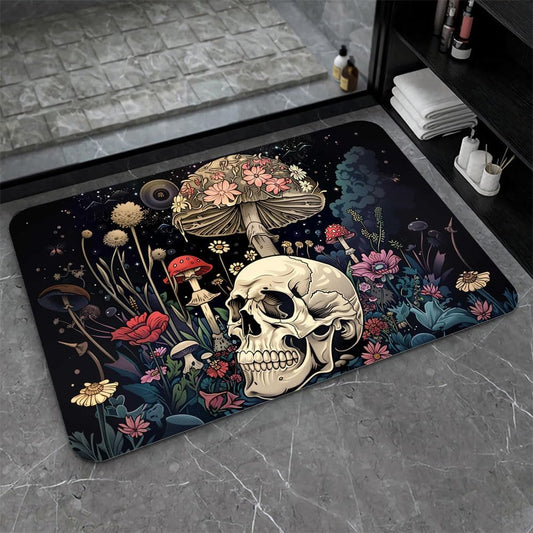 Bath Mat-Bathroom Rug，A Skull and Mushroom-Absorbent Non Slip Quick Dry Stain Resistant Easy to Clean Care Shower Rug for Bathtub Shower Room 17×27.5Inch (43 * 70cm)