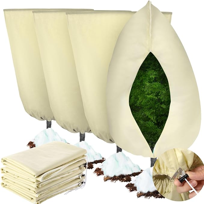 4 Pcs Plant Covers Freeze Protection 35.4" x 59" Winter Frost Blankets for Outdoor Plants with Zipper Drawstring Frost Cloth Freeze Covers Warm Shrub Jacket for Fruit Tree Potted(Beige)