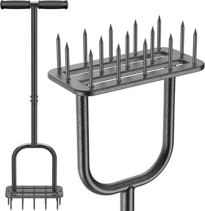 BeneLabel Lawn Aerator Spike Manual Tool with 15 Metal Spikes Grass Aerators for Yard with Wide Foot Plate & Soft Rubber T-Handle Revives Lawn Health, Loosening Soil