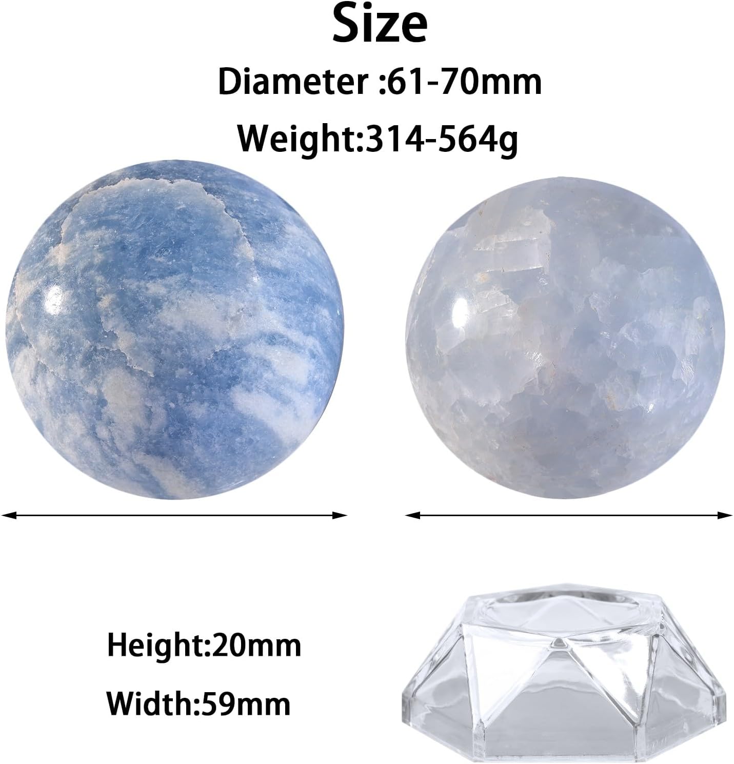 Natural Blue Celestite Crystal Ball with Acrylic Display Base, 61-70mm Polished Stone Feng Shui Crystal Sphere Meditation Decoration for Home & Office
