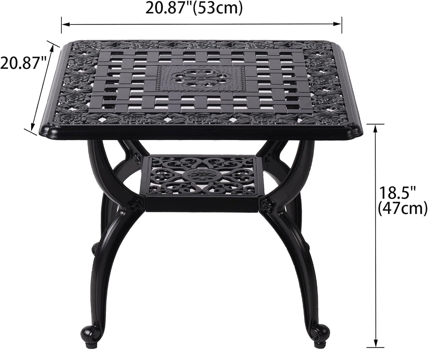 21" Cast Aluminum Outdoor Side Table,Small Patio Table,Outdoor Coffee Tables for Patio,Garden,Balcony, for All Weather (Black, Square)
