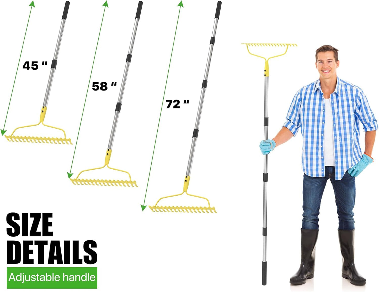 Garden Rakes for Lawns Heavy Duty, 6 FT Bow Rake for Leaves, 17-Tines Metal Rake with Stainless Steel Handle for Yard Leveling, Landscape, Loosening Soil, Yellow