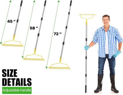 Garden Rakes for Lawns Heavy Duty, 6 FT Bow Rake for Leaves, 17-Tines Metal Rake with Stainless Steel Handle for Yard Leveling, Landscape, Loosening Soil, Yellow