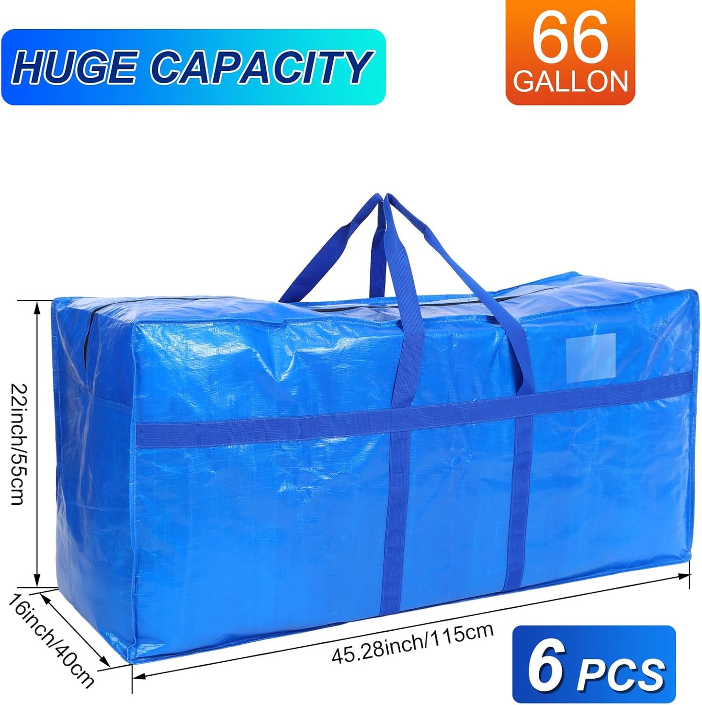 6 Pcs 66 Gallon Large Moving Bags with Zipper and Handles Foldable Storage Duffle Bags Heavy Duty Extra Large Totes for College Dorm Travel Clothes Blankets Bedding Moving (Blue)