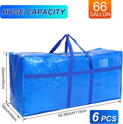 6 Pcs 66 Gallon Large Moving Bags with Zipper and Handles Foldable Storage Duffle Bags Heavy Duty Extra Large Totes for College Dorm Travel Clothes Blankets Bedding Moving (Blue)