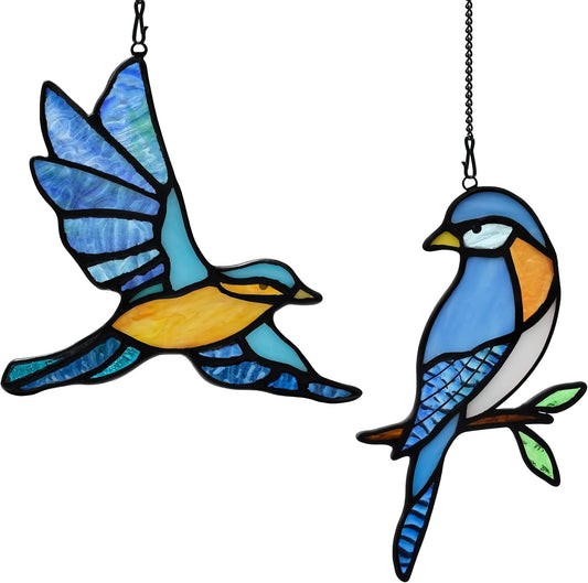 BOXCASA Blue Birds Decor Stained Glass Suncathers for Window,Stained Glass Bird Window