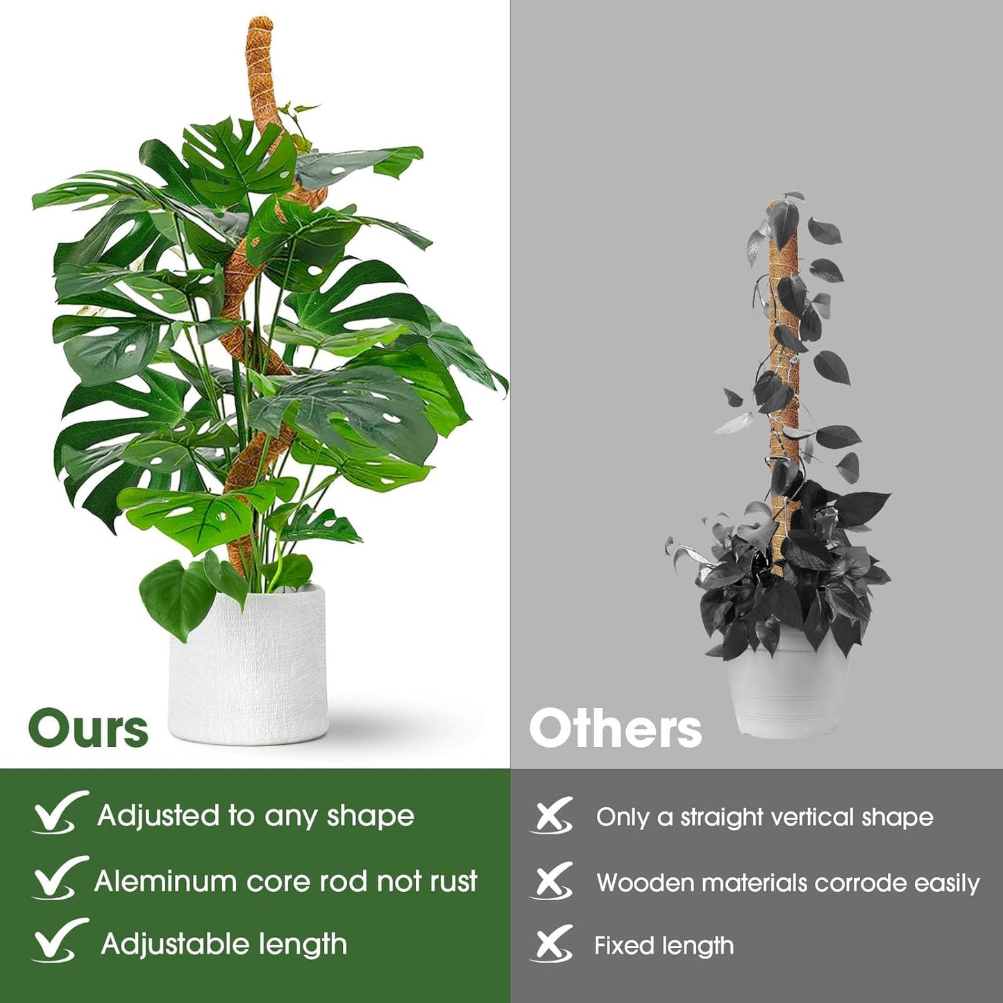 2 Pack Moss Pole, 63 Inch Bendable Moss Poles for Plant Monstera, Tall Plant Support Stakes for Climbing Plants Indoor, Coco Coir Plant Stick Support Kit for Potted Plants, Pothos, Philodendron