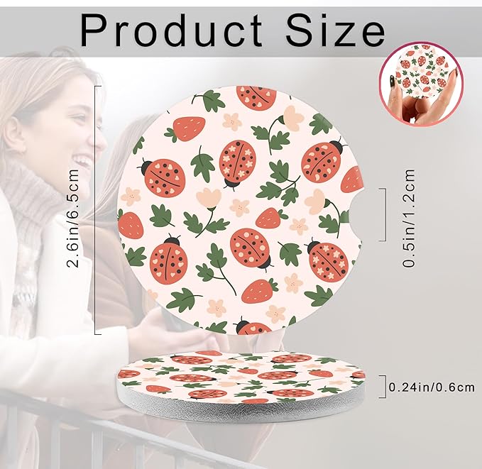 Pink Ladybug Strawberry Car Coasters,Ceramic Absorbent Cup Holders with Finger Notch & Cork Base Car Assecories for Women/Men 2.6"(2 Pieces)