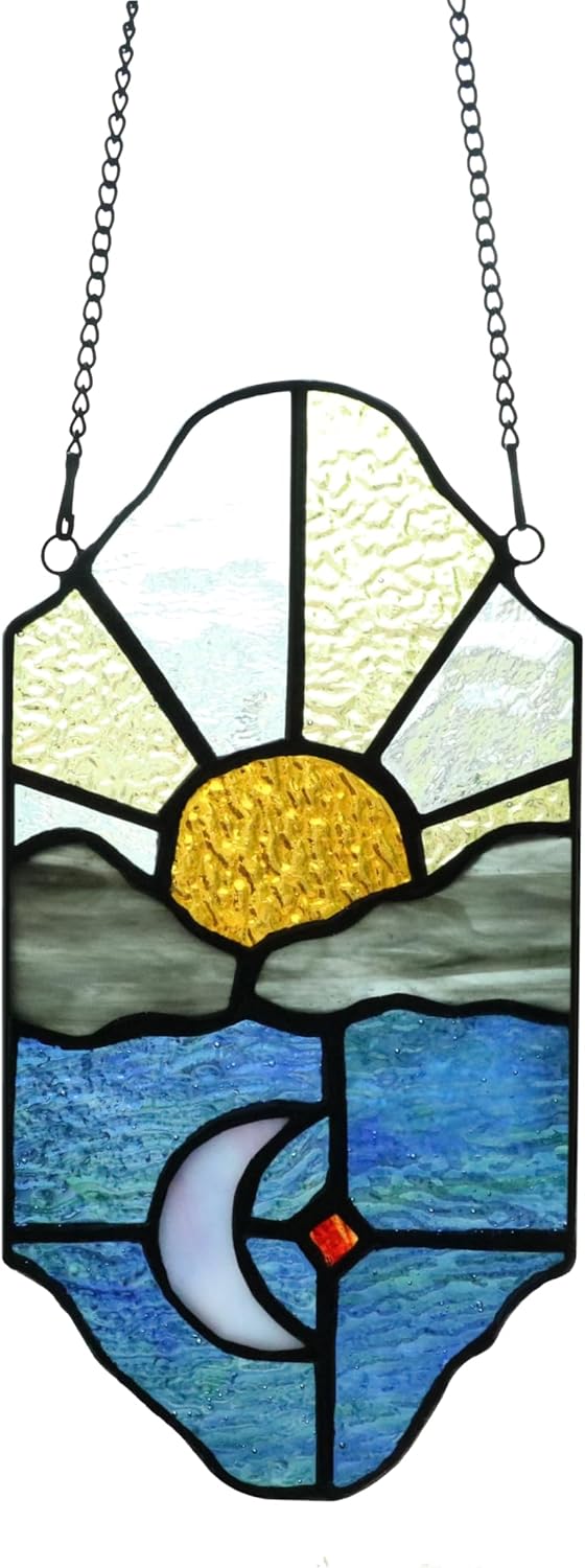 Sun and Moon Suncatchers Decor Stained Glass for Window Hangings,Handcrafted Tiffany Style Stained Glass Art Sun and Moon in The Sky for Living Room Bedroom Balcony (Blue&Yellow)
