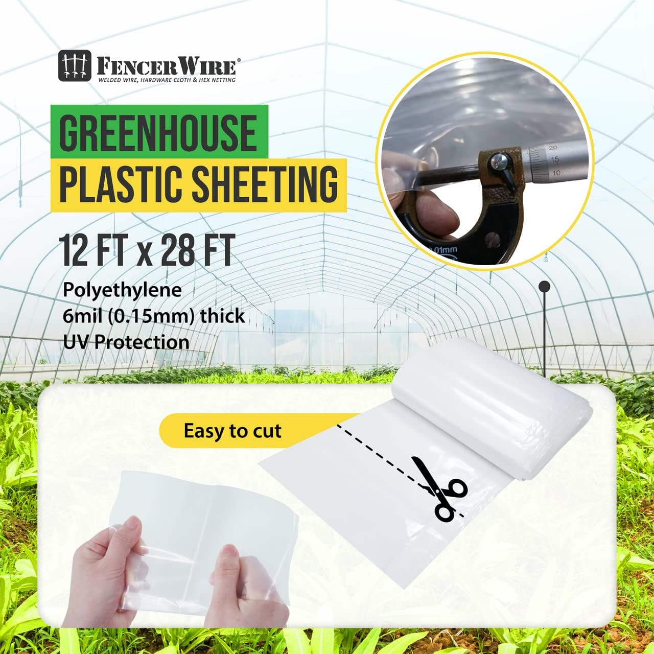 CAPHAUS 6 mil Clear Greenhouse Plastic Sheeting, 4-Year UV Resistant Polyethylene Film, Hoop House Cover for Horticulture, Gardening, Farming and Agriculture, 90% Light Transmittance, 12’ x 28’