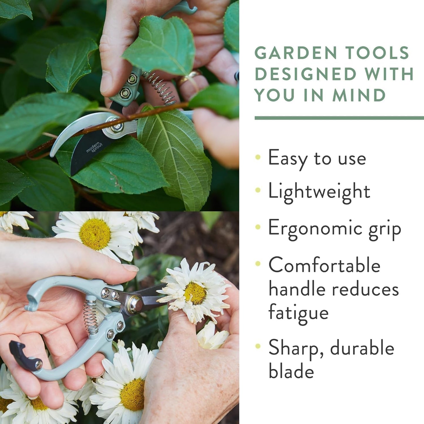 Modern Sprout Hand Pruners & Shears Set with Blister Pack - Lightweight Gardening Tools with Easy Lock - Sharp Carbon Steel Blades -Rust Resistant Scissors for Herbs, Flowers - Ocean