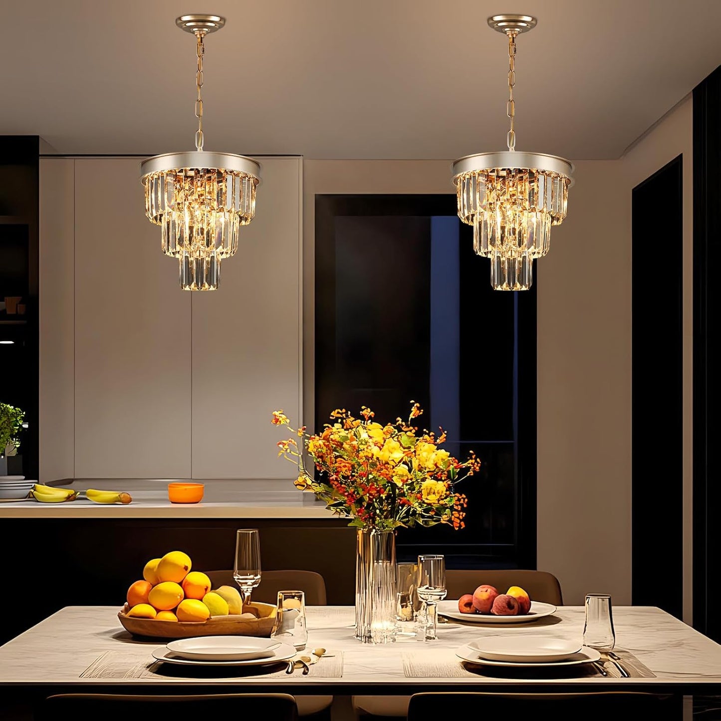 Crystal Chandeliers for Dining Room Light Fixtures Over Table，4-Lights Modern Champagne Gold Crystal Pendant Lighting Fixture，Small Chandeliers for Kitchen Island Bedroom Entryway D12 Inch