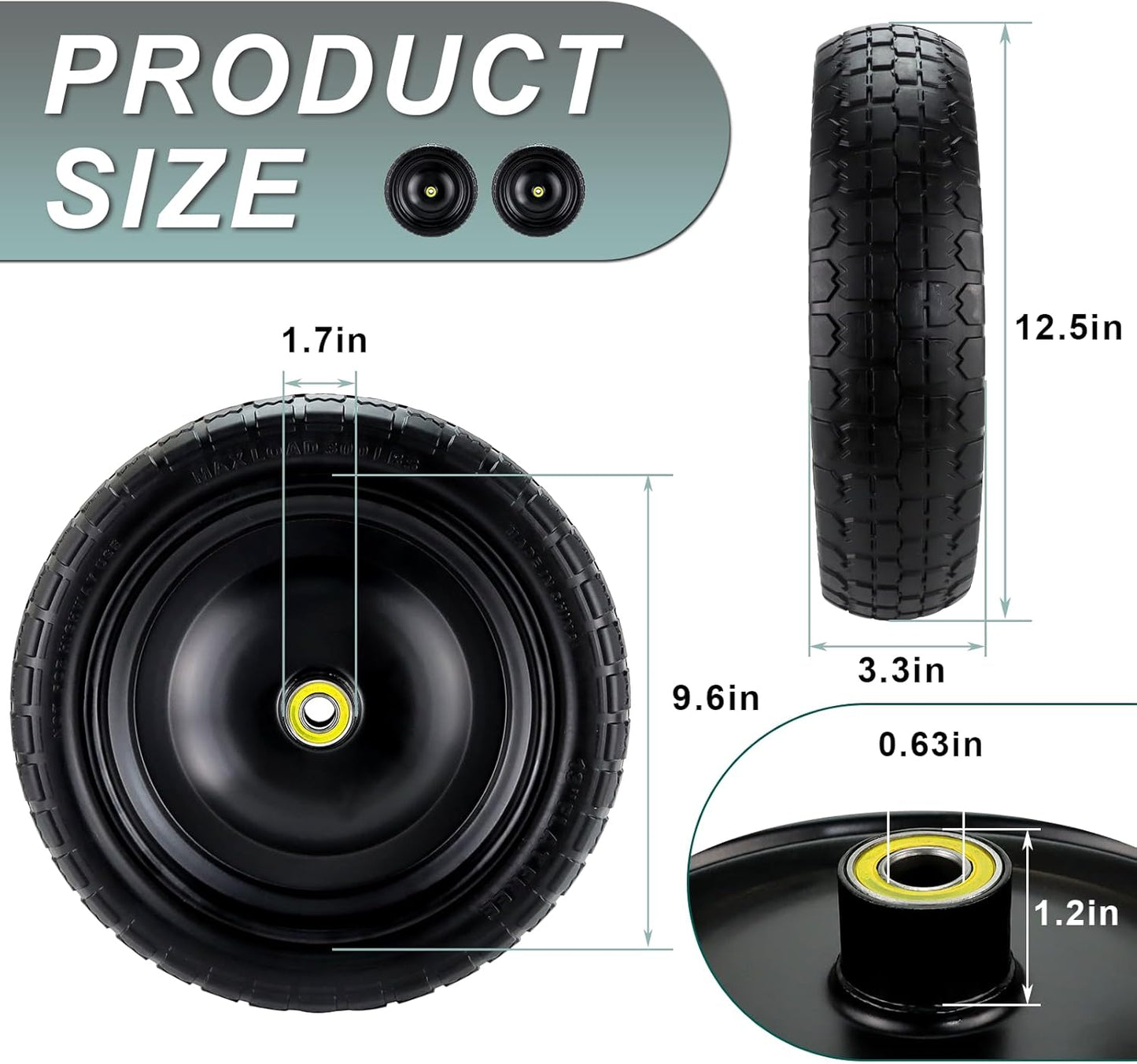 13"Garden Cart Tire Replacement for 13" Flat-Free Tire and Wheel with 5/8" Axle Borehole, 2.1" Offset Hub, 3.15" Wide Tires Used for Wheelbarrow Garden Cart and Trolleys, 4-Pack by Cenipar