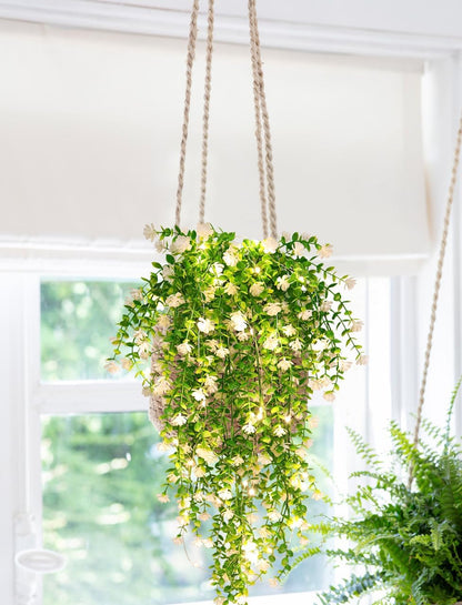 SJL Hanging Faux Plants Indoor 4pcs Fake Flowers Plant Fern with LED Lights Artificial Vines for Outdoors Real Touch Fake Plants All Year Round Eucalyptus Decor for Garden Porch (White)