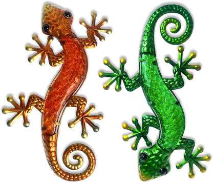 HONGLAND Metal Gecko Wall Art- 15 Inch Lizard Outdoor Decor Hanging Glass Sculpture, 2 Pack Gecko Wall Art Decorations for Garden Fence Home (Green&Orange)