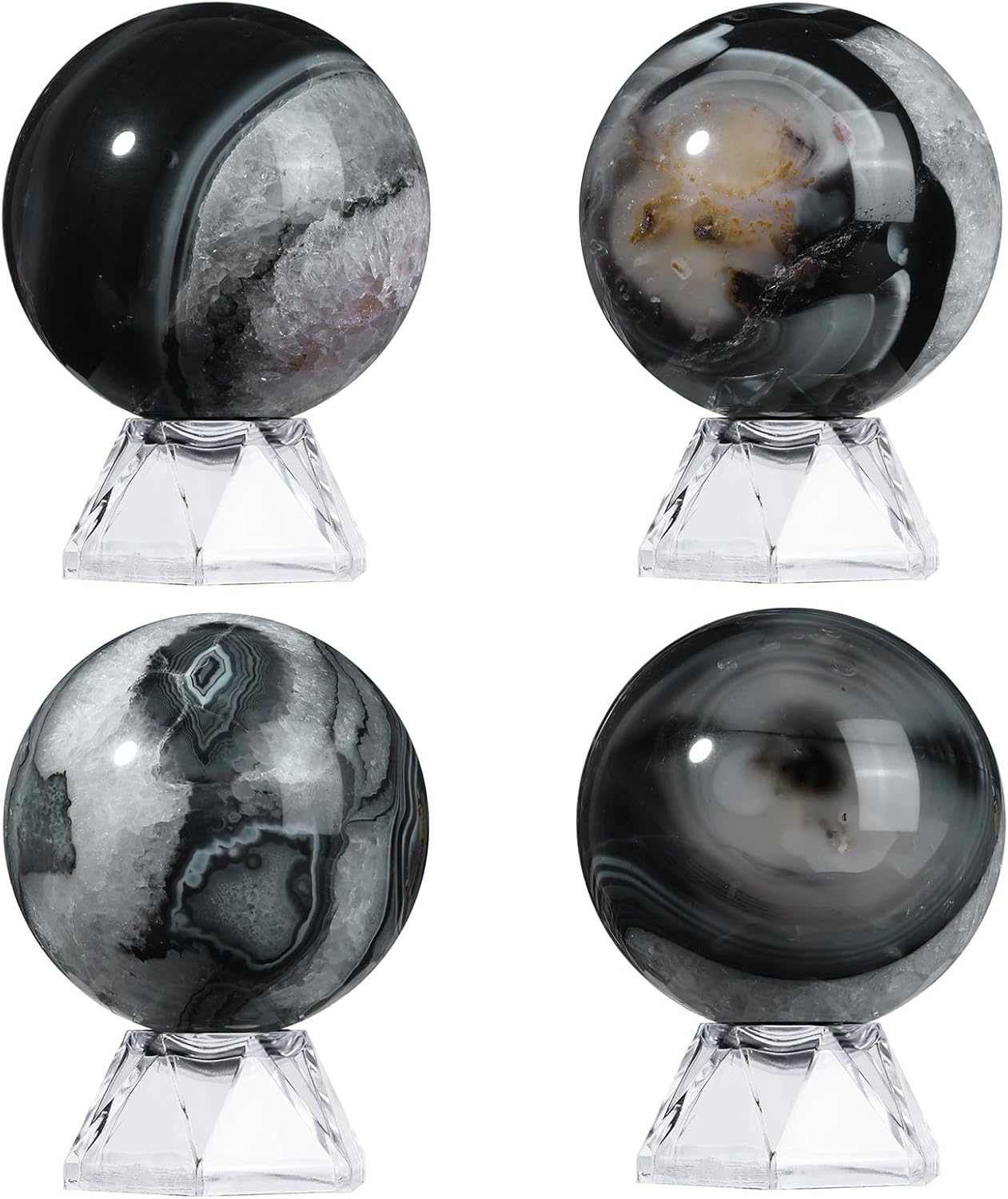 Natural Black Striped Agate Crystal Ball with Acrylic Display Base, 50-60mm Polished Stone Feng Shui Crystal Sphere Meditation Decoration for Home & Office