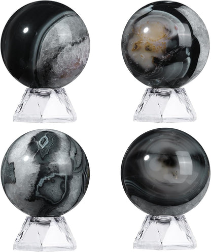 Natural Black Striped Agate Crystal Ball with Acrylic Display Base, 50-60mm Polished Stone Feng Shui Crystal Sphere Meditation Decoration for Home & Office