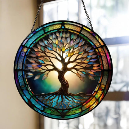 Colorful Tree of Life Suncatcher -7.9 in Stained Glass Window Hanging Catcher Garden Decor