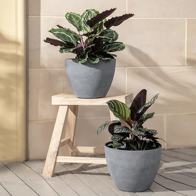 LA JOLIE MUSE Flower Pots Outdoor Garden Planters, Indoor Plant Pots with Drainage Holes, Plastic, Weathered Grey, Set 2 (11.3 + 11.3 Inch)