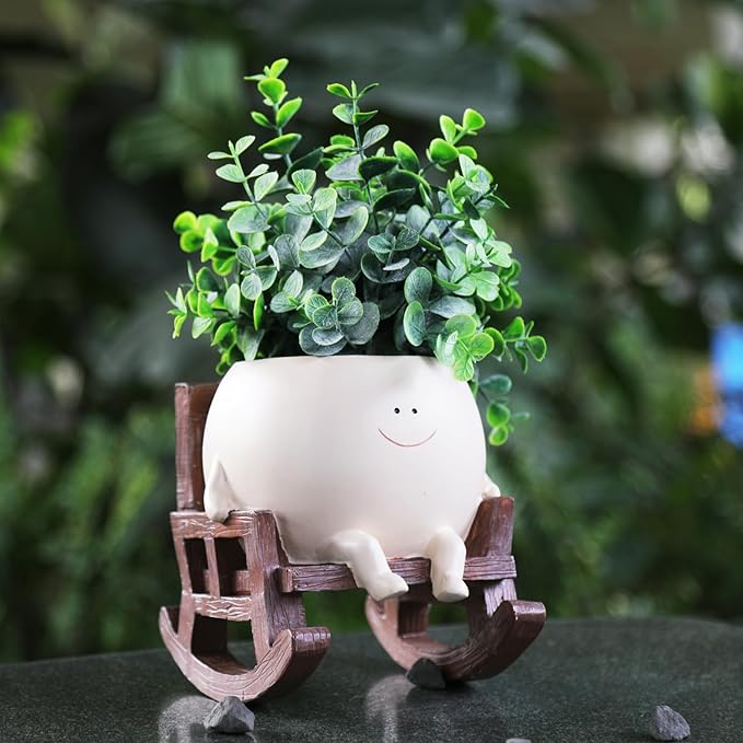 Face Planter Pots Cute Smile Flower Planter for Indoor Outdoor Plants Resin Rocking Chair Succulent Pot for String of Pearls Unique Gift on Mother's Day, Birthday, Christmas（Large）