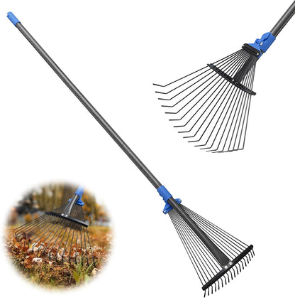 Rake, Leaf Rake with Expandable Head,18 Teeth, Adjustable 53 Inch Long Handle, 17 Inch Wide, Heavy Duty Collapsible Yard Rakes for Lawn Flowers Beds Gardening