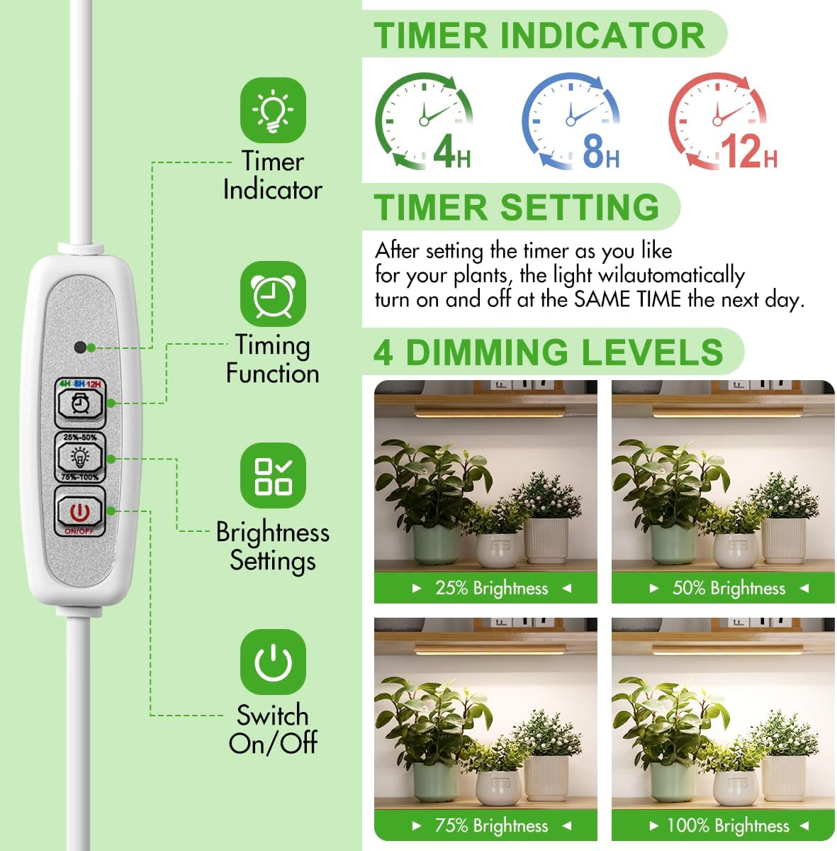 FOXGARDEN Grow Light Strip, Bamboo Full Spectrum Plant Grow Light for Indoor Plants, 96 LED Bright Grow Lamp with Auto On/Off Timer 4/8/12H, 4 Dimmable Brightness, 1 Strip with 1 Controller