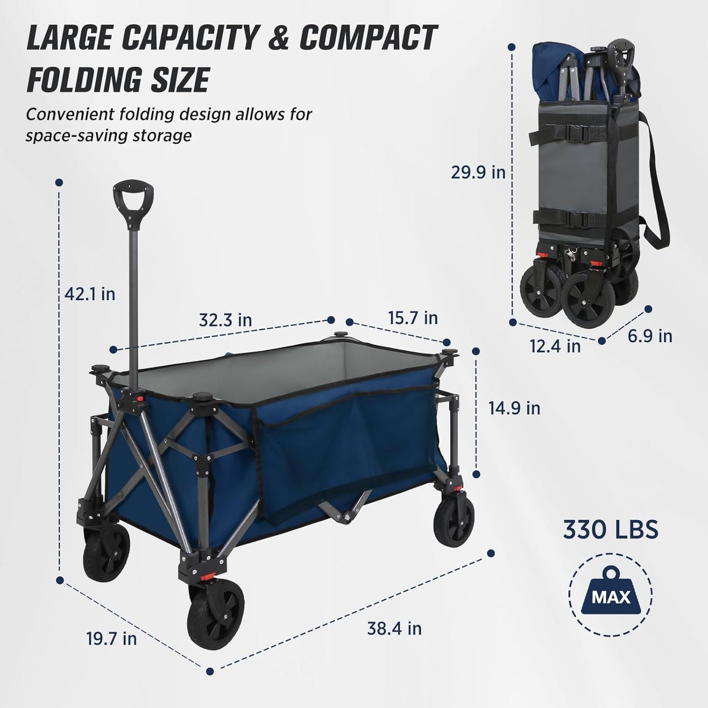 EAGLE PEAK Heavy-Duty Collapsible Folding Utility Wagon, All Terrain Garden Hand Cart with Large Size Pocket and Cup Holders for Sports, Beach, Camping, Garden, and Grocery, Dark Blue