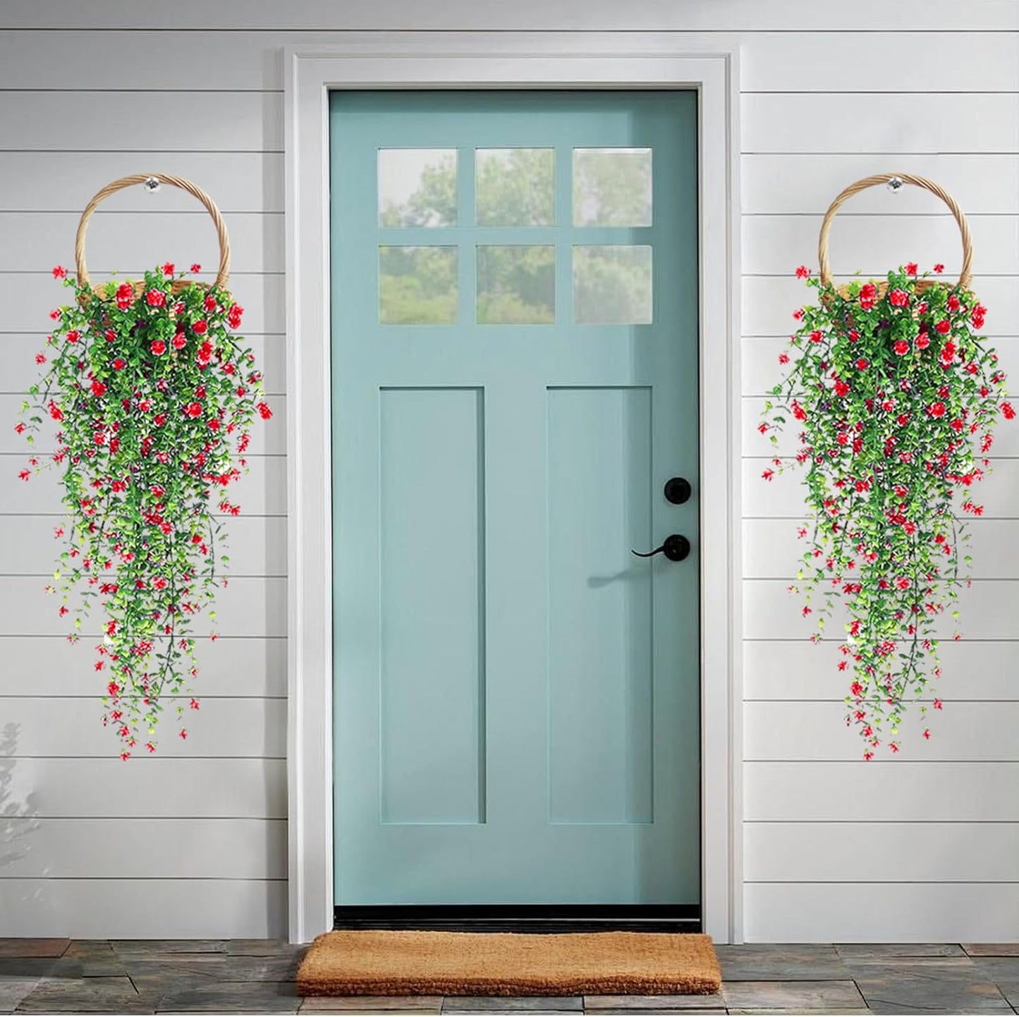 Artificial Hanging Flowers, 3 Pcs Fake Hanging Plants Artificial Vines for Outdoors, Fake Ivy Vine UV Resistant No Fade Faux Plants for Indoor Outside Garden Patio Yard Greenery Decoration (Dark Red)