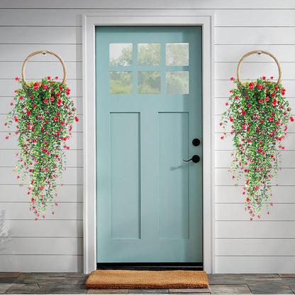Artificial Hanging Flowers, 3 Pcs Fake Hanging Plants Artificial Vines for Outdoors, Fake Ivy Vine UV Resistant No Fade Faux Plants for Indoor Outside Garden Patio Yard Greenery Decoration (Dark Red)