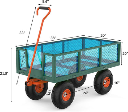 Versatile Garden Cart for Lawn and Yard with Heavy Duty Steel, 900 Lbs Capacity Mesh Steel Garden Cart Folding Utility Wagon with Removable Side Panels, Long Handle, 10" Tires - Green and Orange