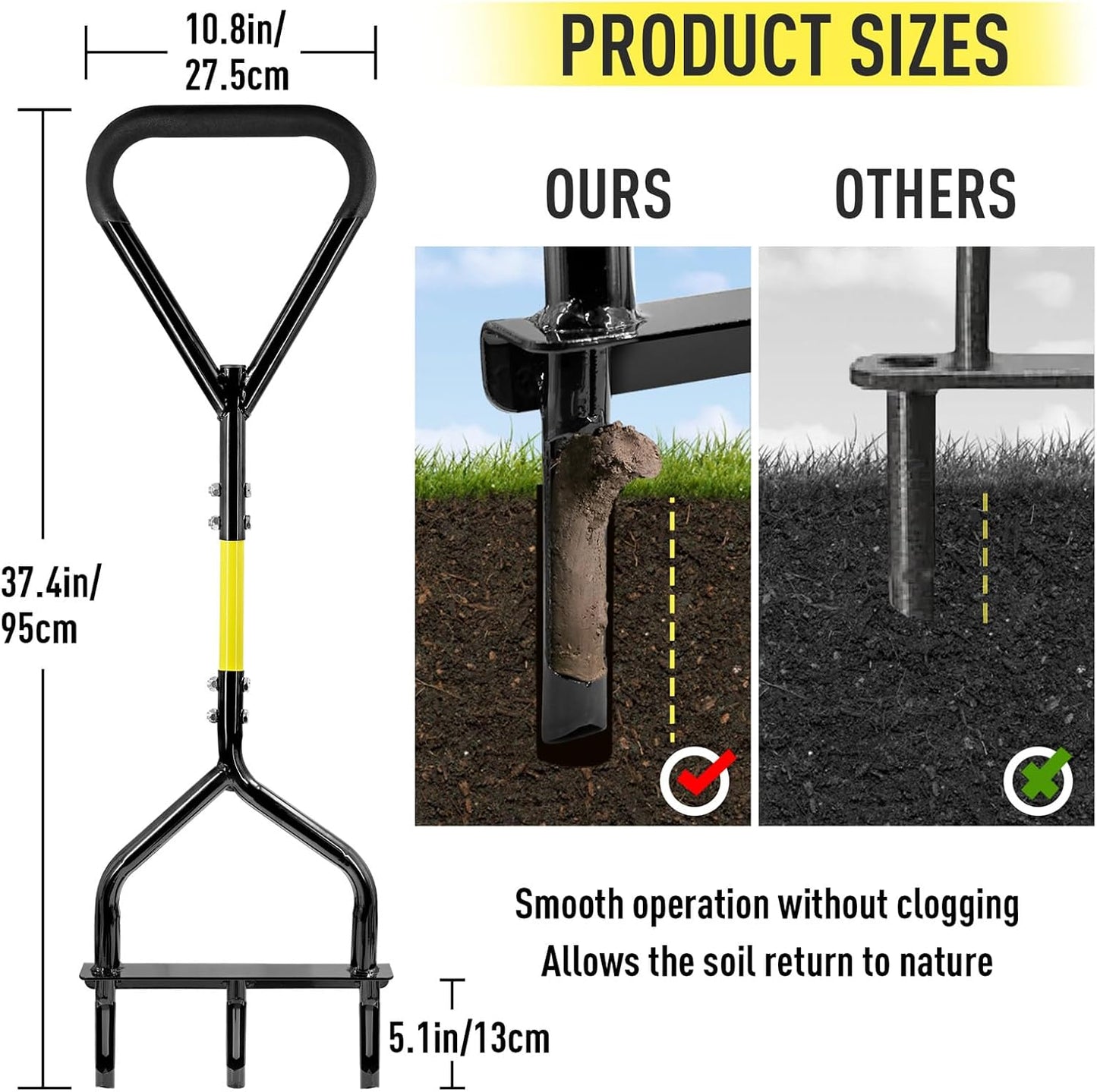 JARDINEER Manual Push Lawn Aerator Coring Tool, Plug Aerators with 3 Hollow Tine, 5-Inch Deep Yard Aeration Tool, Soil Core Aerators with Wider Handle