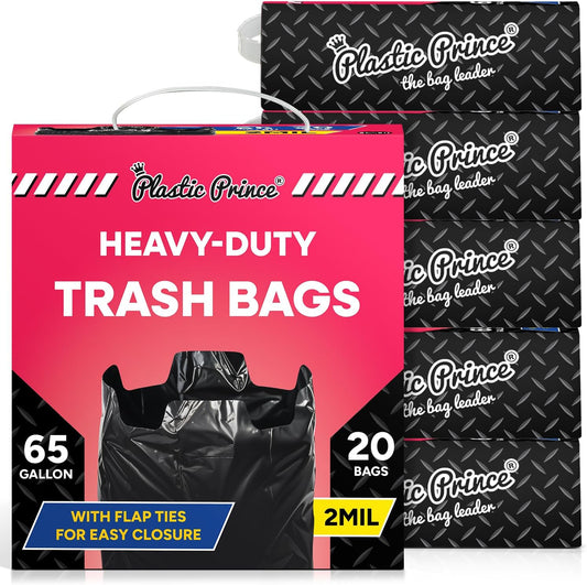 64-65 Gallon Trash Bags Heavy Duty with Flap Ties Extra Large Garbage Bags 2 Mil Outdoor Trash Bags