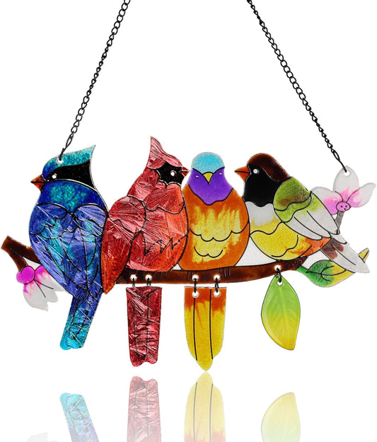 Stained Glass Window Hanging, Birds on A Branch Stain Glass Suncatcher, Hand-Painted Sun Catchers