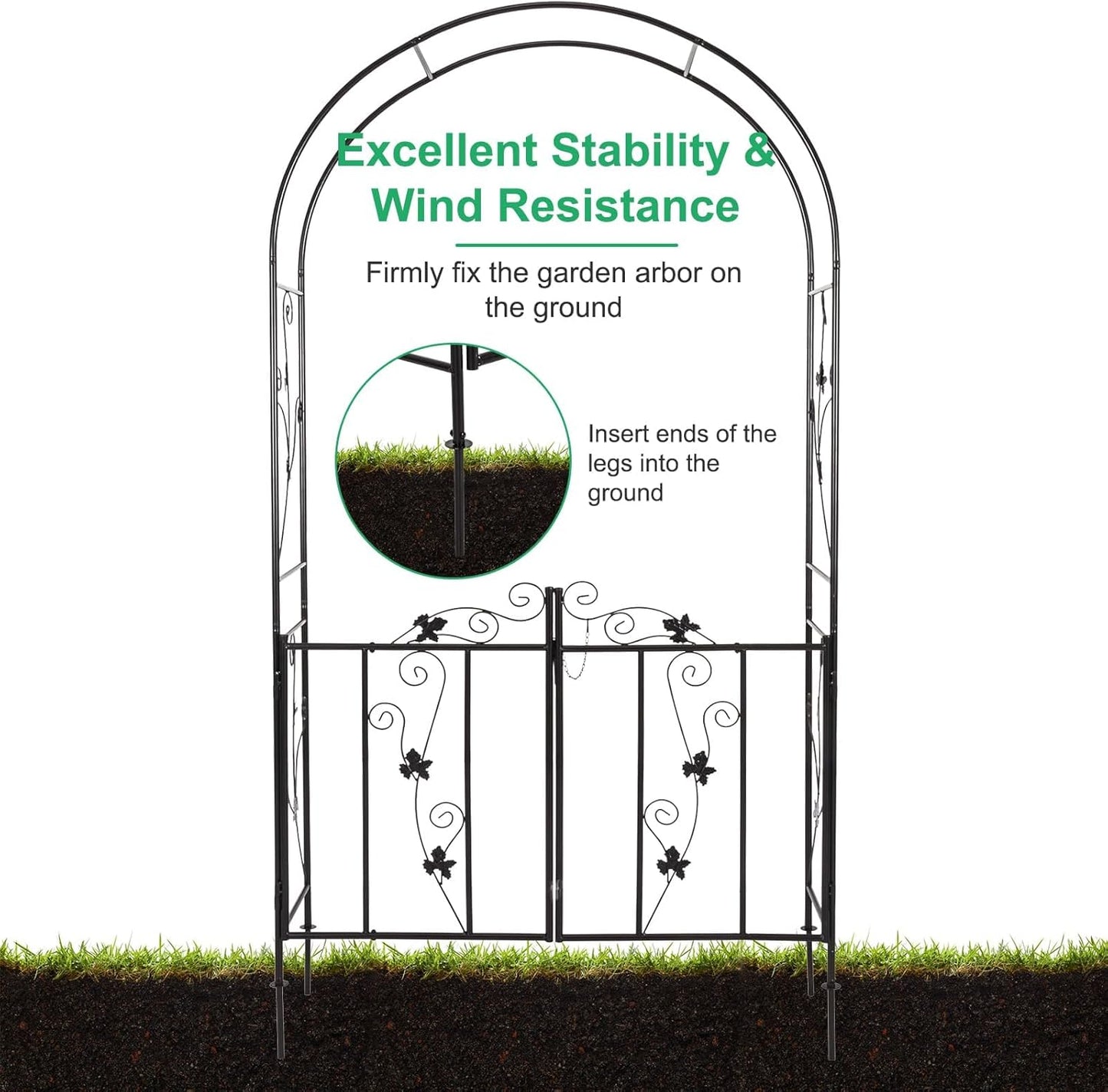 JSUN7 Metal Garden Arch with Gate - Garden Arbor with Gate, Garden Arch Trellis for Outdoor Climbing Plants, Wedding Arch with Double Doors, 7'H X 3.6'W, Black