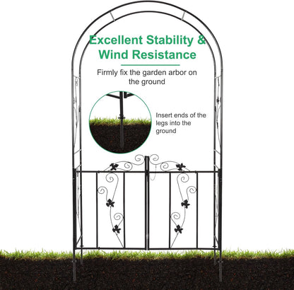 JSUN7 Metal Garden Arch with Gate - Garden Arbor with Gate, Garden Arch Trellis for Outdoor Climbing Plants, Wedding Arch with Double Doors, 7'H X 3.6'W, Black