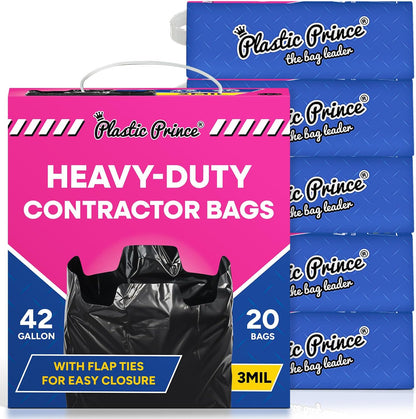 Contractor Bags 42 Gallon 3 Mil with Flap Ties Heavy Duty Trash Bags for Industrial Commercial Use 32 x 45 Yard Waste Bags, Black Pack of 120, 6 Boxes of 20 Bags