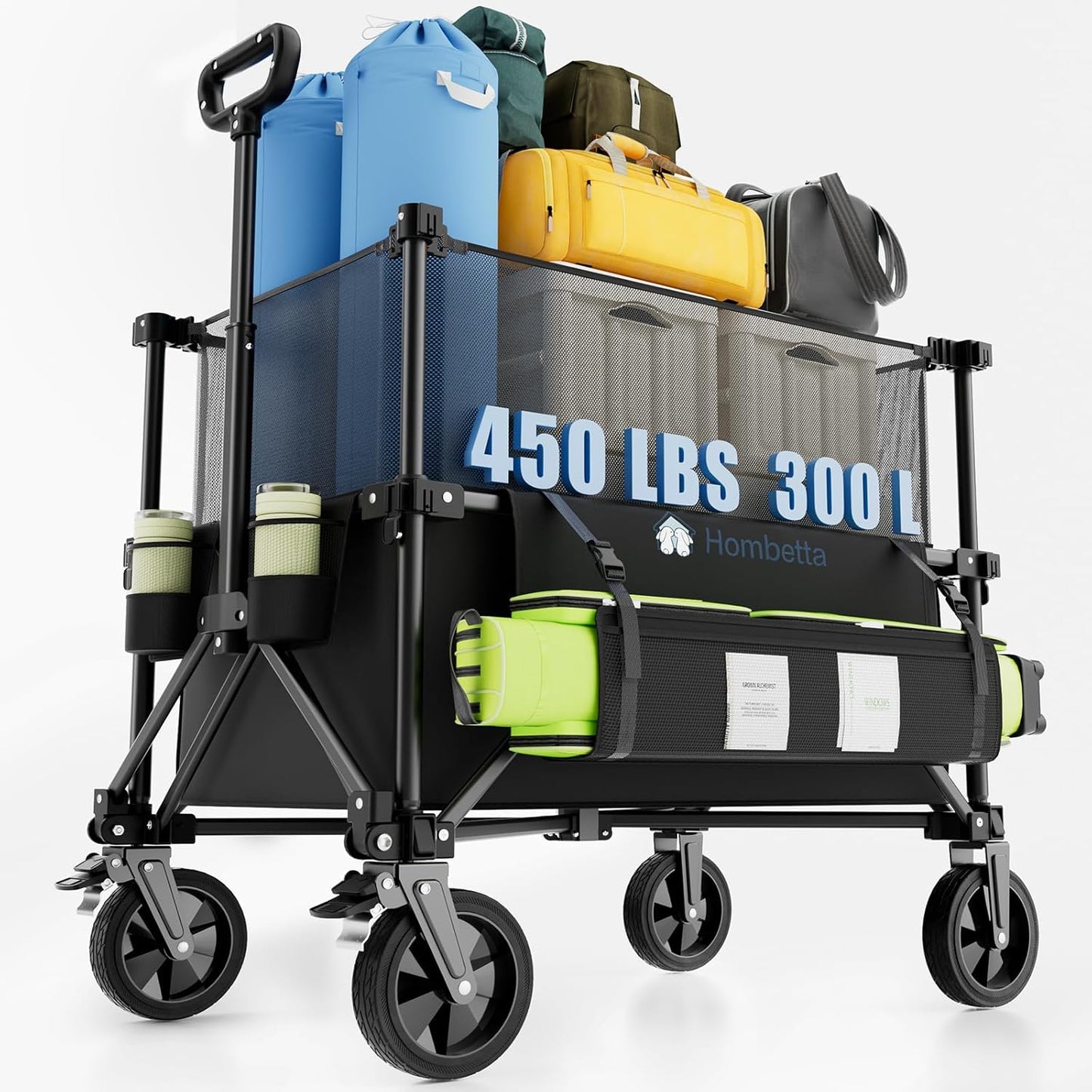 Adjustable Folding Wagon Cart, 150L–300L Expandable Capacity, 450LBS Heavy Duty Collapsible Utility Wagon with All-Terrain Wheels & Brake, Ideal for Beach, Camping, Garden & Outdoor Gear