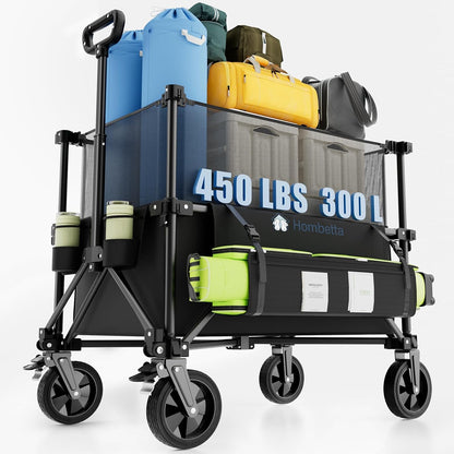 Adjustable Folding Wagon Cart, 150L–300L Expandable Capacity, 450LBS Heavy Duty Collapsible Utility Wagon with All-Terrain Wheels & Brake, Ideal for Beach, Camping, Garden & Outdoor Gear