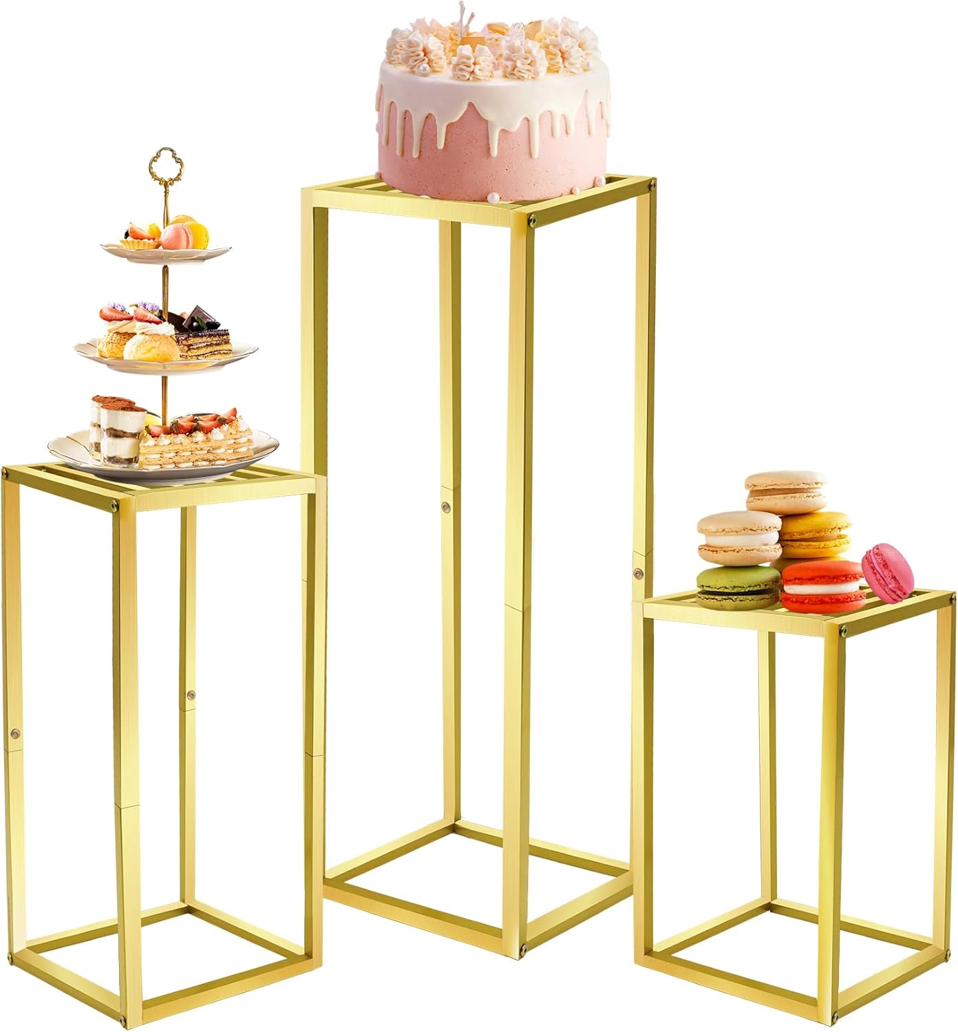 Cylinder Pedestal Stands for Party & Plant,3pcs Square Gold Metal Wedding Flower Display Stand for Centerpieces,15.7/23.6/31.5 inch Tall