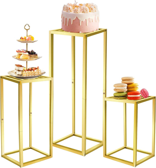 Cylinder Pedestal Stands for Party & Plant,3pcs Square Gold Metal Wedding Flower Display Stand for Centerpieces,15.7/23.6/31.5 inch Tall